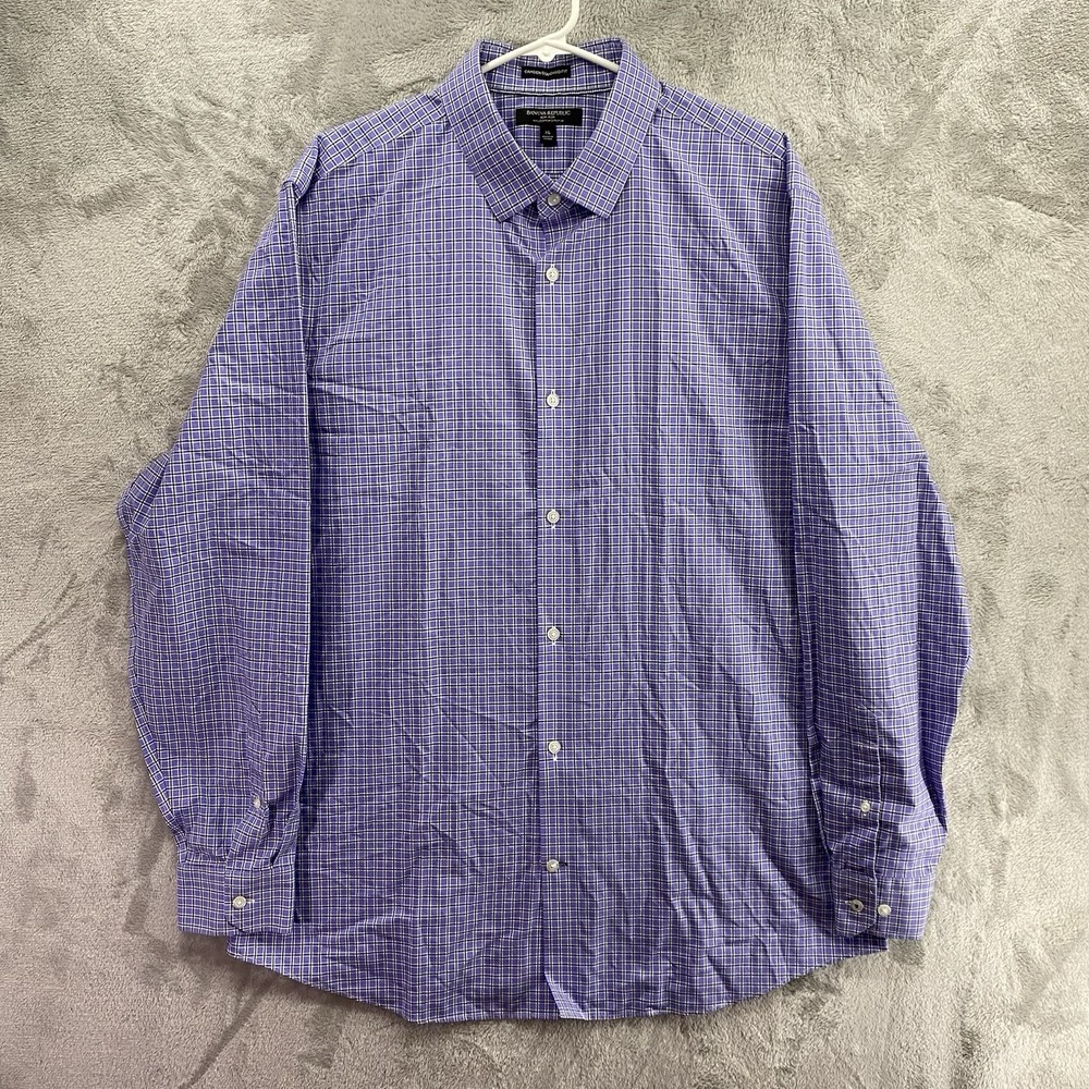 Banana Republic Mens XL Camden Fit Purple Plaid Non Iron Dress Shirt Cotton